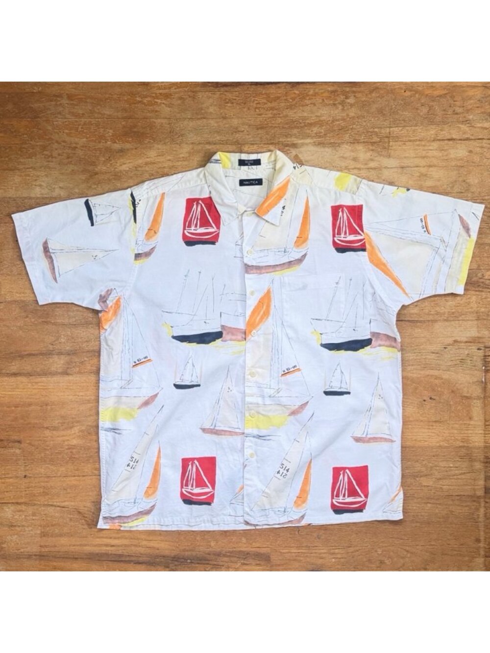 Vintage Mens Sailboat Print Cotton Shirt Size XL 90s Nautica Sailing Boat Short